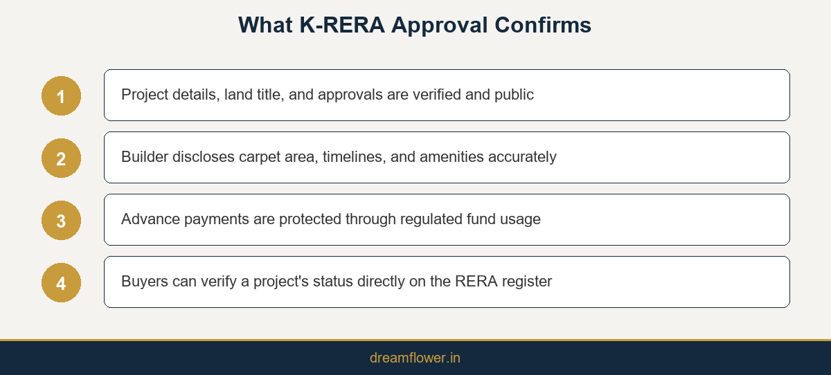 Infographic showing what K-RERA approval confirms about land title, disclosures, and buyer protection