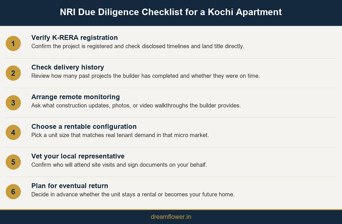 Infographic showing an NRI due diligence checklist for verifying a Kochi builder and project before booking remotely