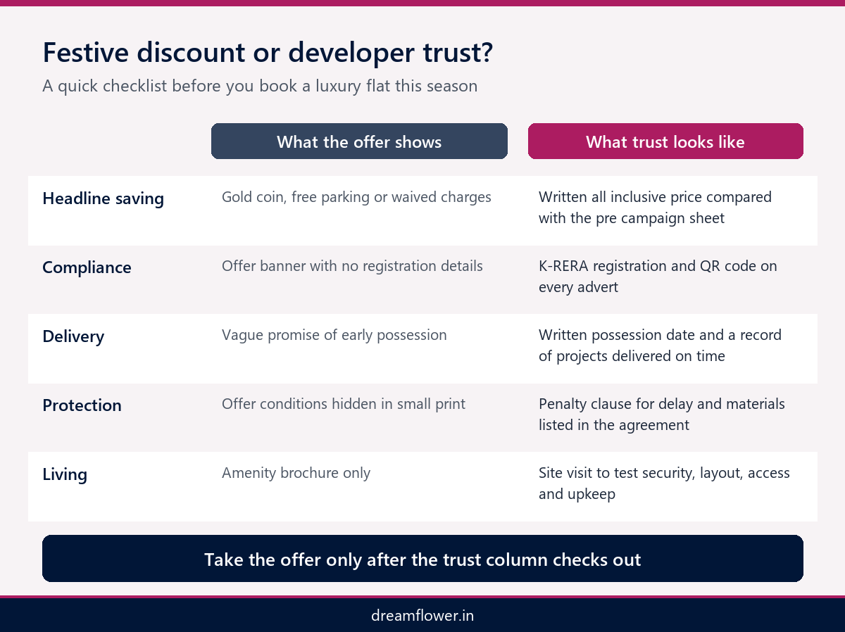Checklist comparing a festive discount with developer trust signals for gated community apartments near me Kerala buyers